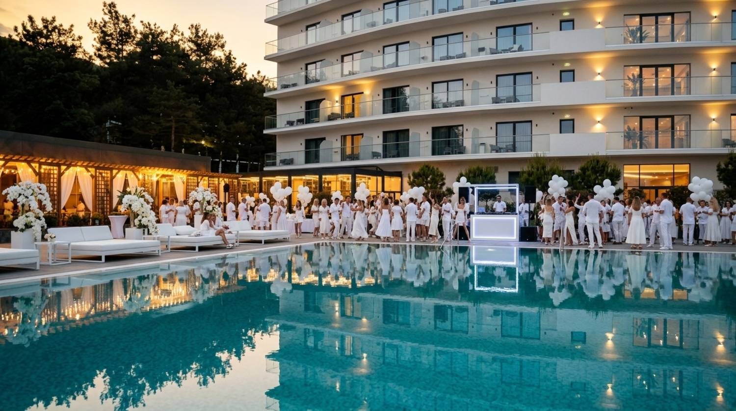 Вечеринка в белом стиле White Party в отеле Райморис, день рождения отеля, бассейн с бирюзовой водой и гости в вечерних образах на закате