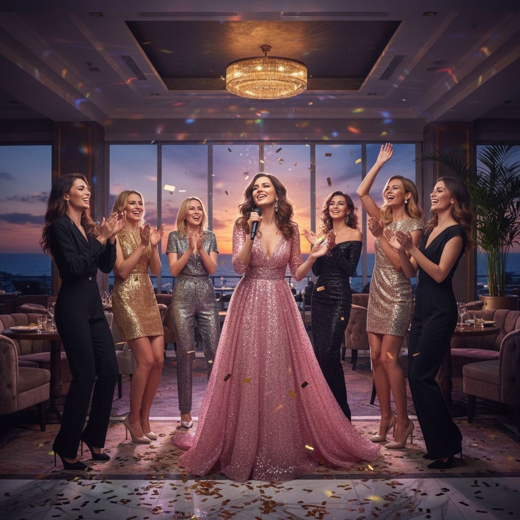 Группа элегантных женщин в вечерних нарядах наслаждаются фуршетом в роскошном зале отеля Райморис с панорамным видом на закат