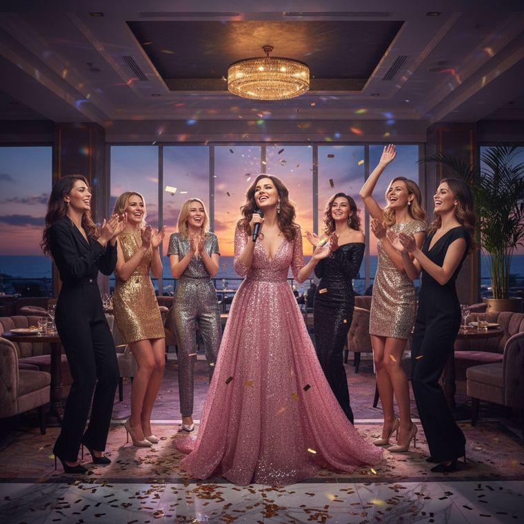 Группа элегантных женщин в вечерних нарядах наслаждаются фуршетом в роскошном зале отеля Райморис с панорамным видом на закат